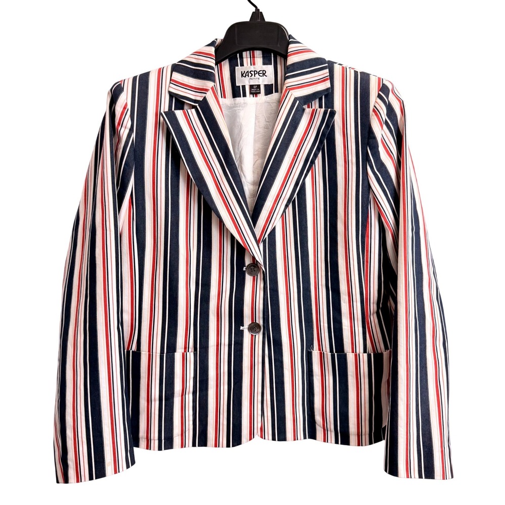Kasper Petite Womens Navy Red White Striped Blazer Jacket Size 8P